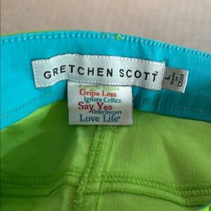 Gretchen Scott Designs Green Straight Leg Jeans with Bright Blue in waistband